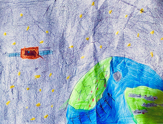 Illustration of the Earth with some lightning on its surface and a spacecraft observing from orbit.